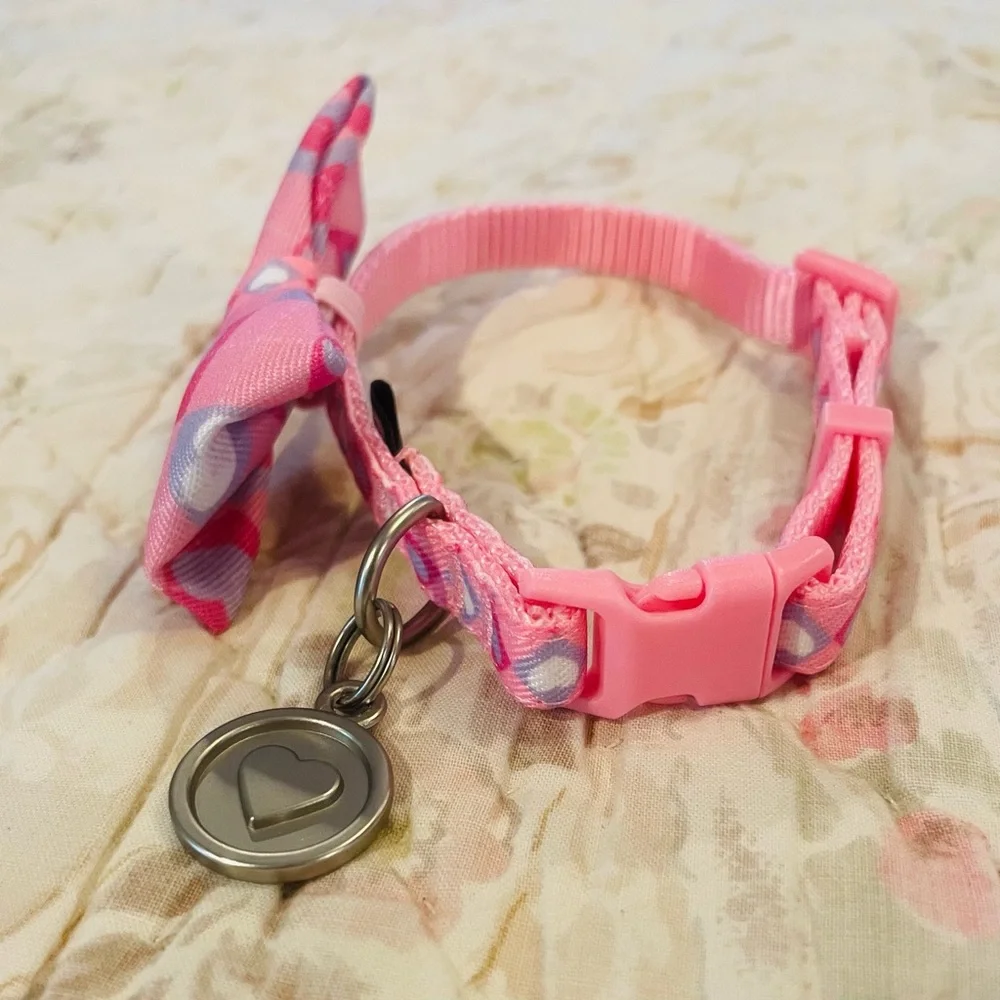 Azuza XS Extra Small Dog Collar With Bow Tie, Lovely Pink & Purple Heart Pattern